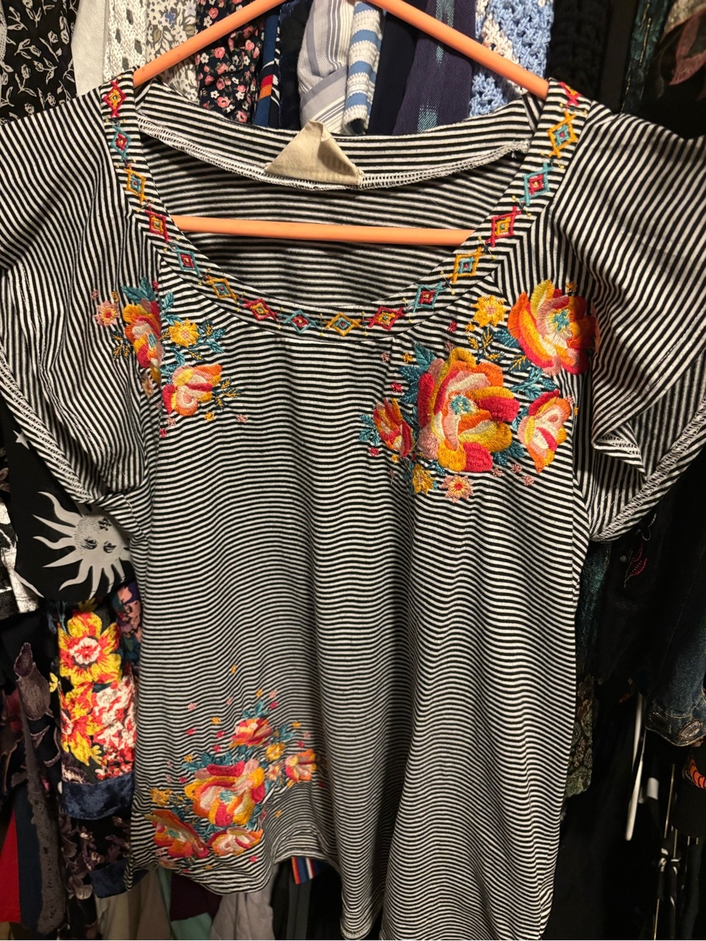 Savanna Jane Black & White Striped Tunic with Multicolor Floral Embroidery